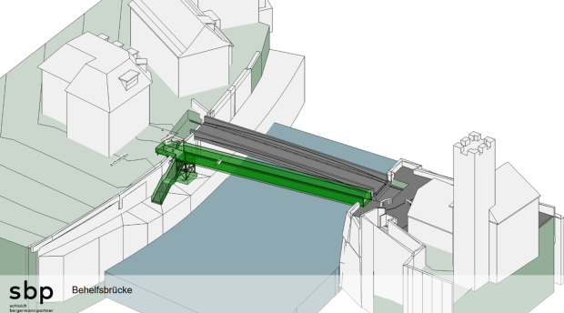 Dargestellt ist die notwendige Behelfsbrücke